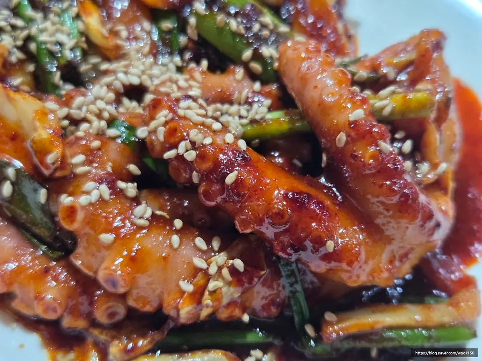 Close-up of plump octopus pieces in the stir-fry