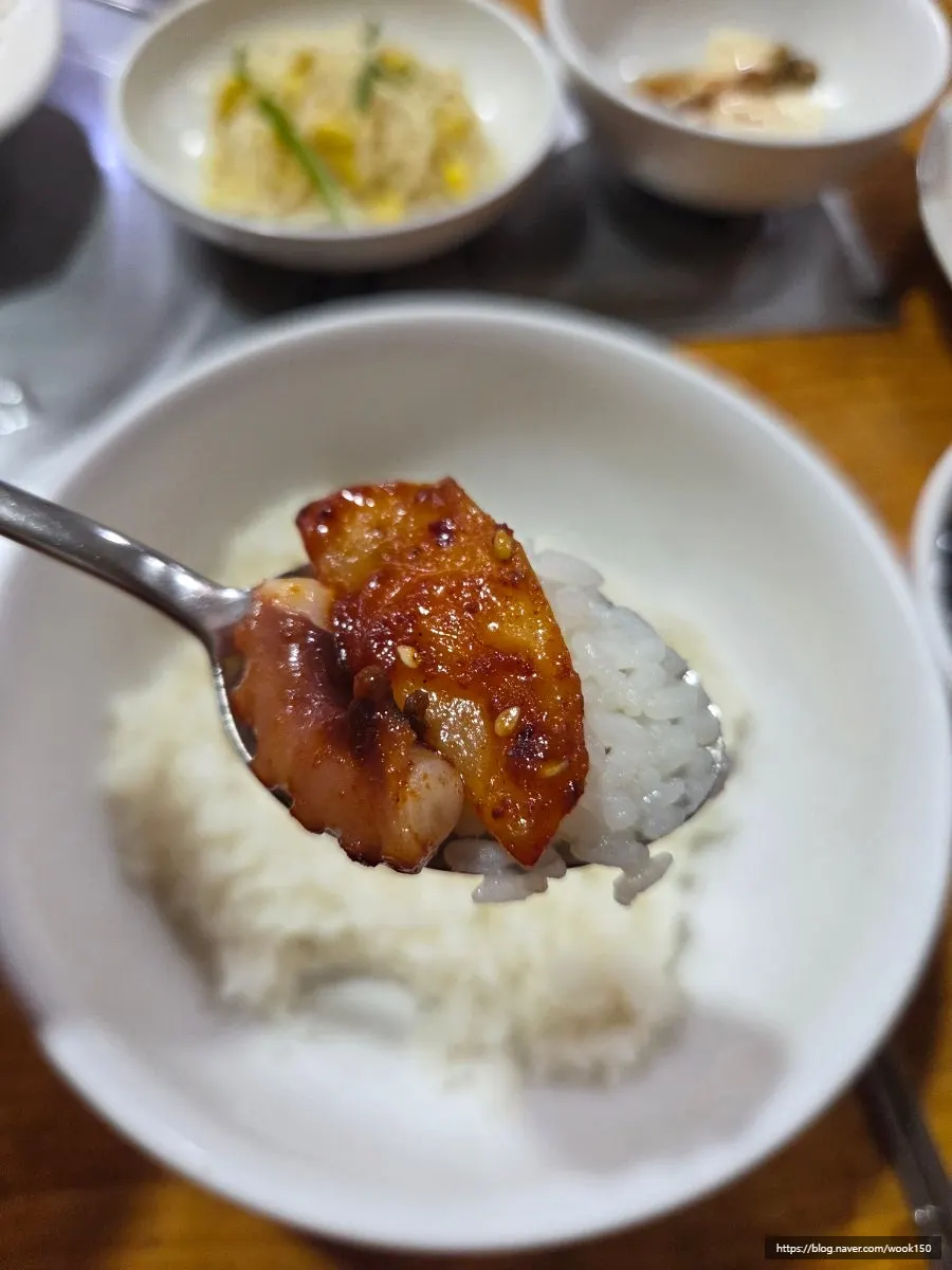 A piece of nakji-bokkeum placed on top of white rice
