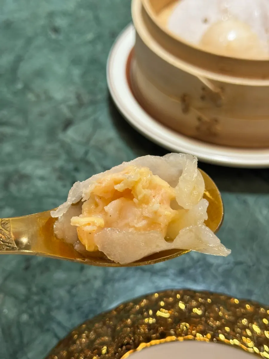 Shrimp har gow with a thin, translucent wrapper