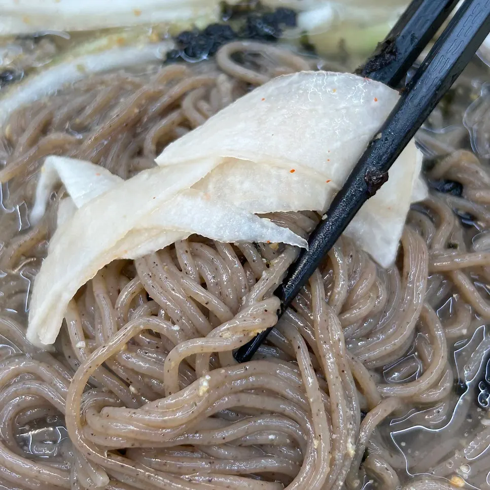 Close-up of house-made buckwheat noodles