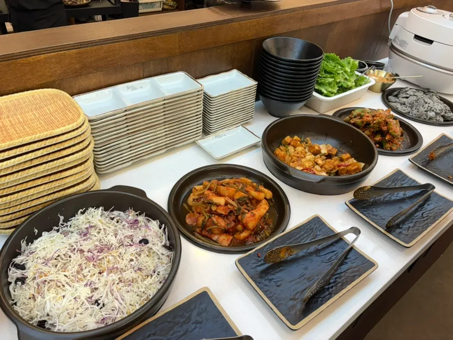 A meal with bibimbap made from self-serve counter namul