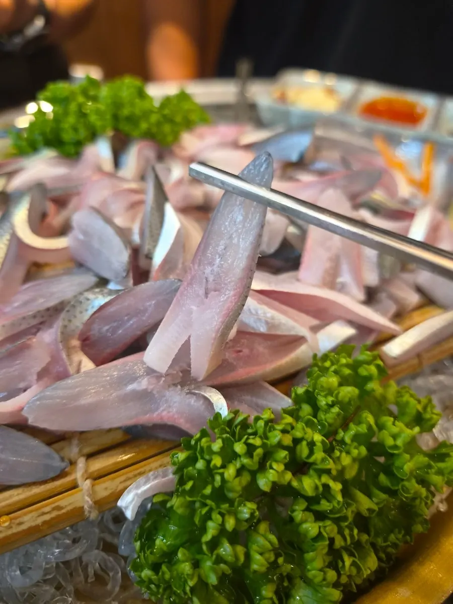 Close-up of silvery gizzard shad sashimi