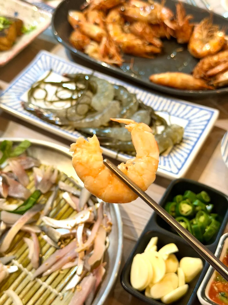 Close-up of crisply grilled shrimp