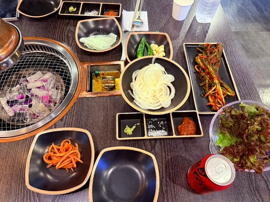Basic side dish spread served alongside the hanwoo
