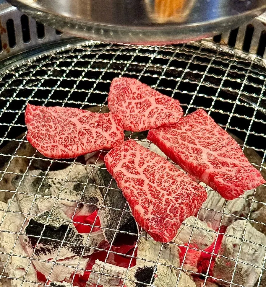 Special cuts of hanwoo grilling over charcoal