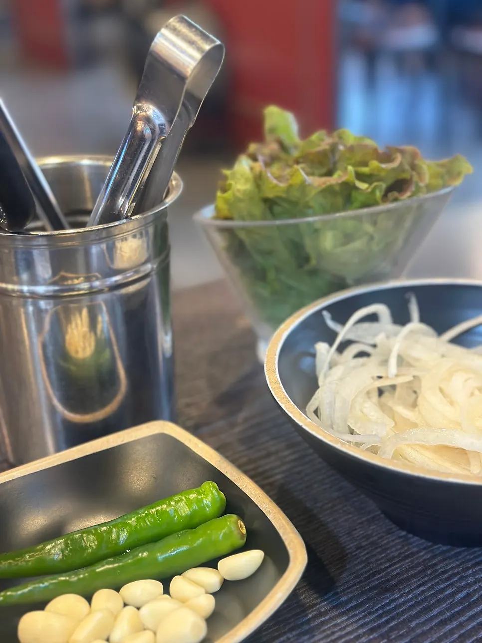Basic banchan spread, butcher-shop restaurant style