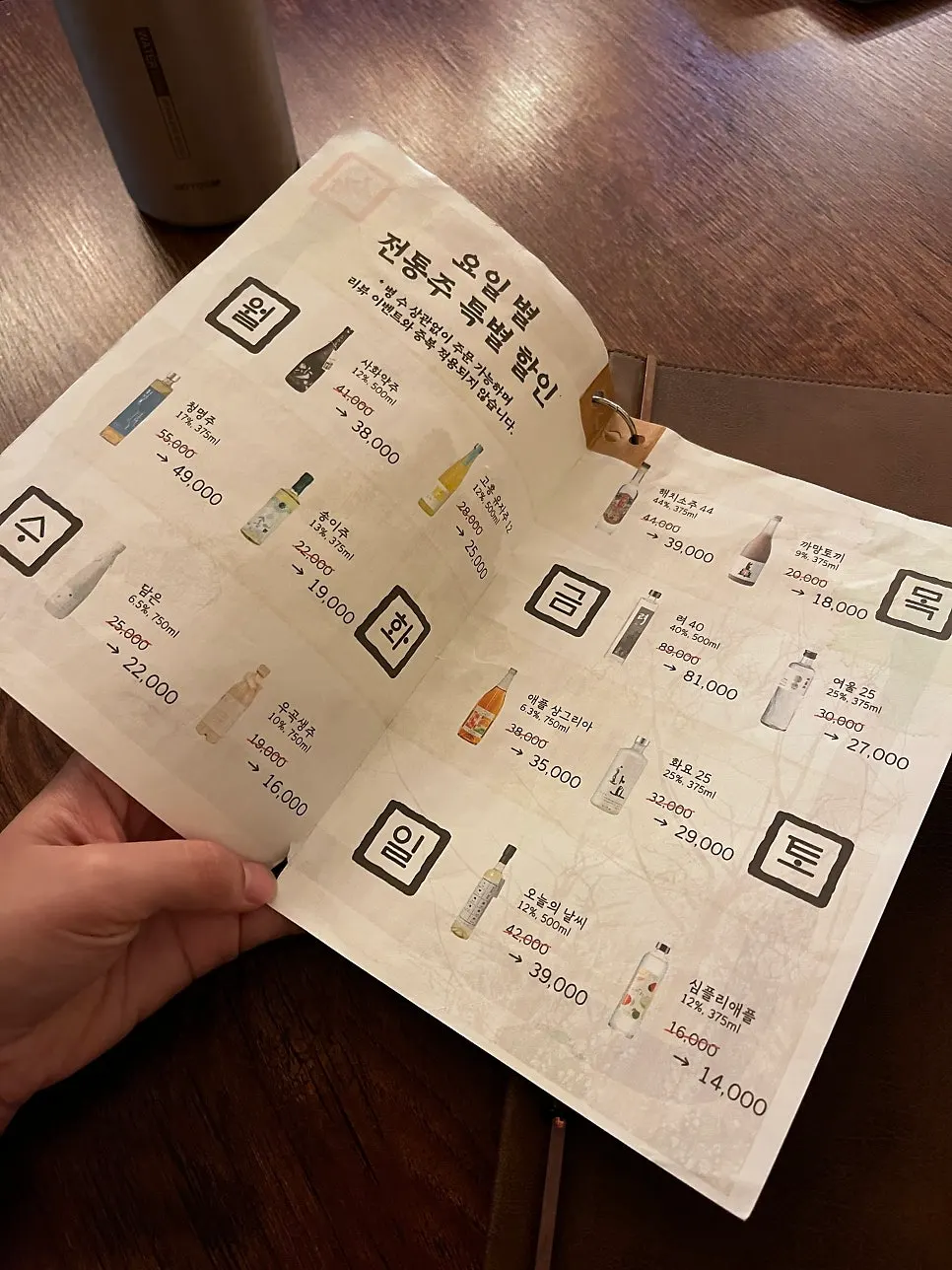 Sisibibi's menu featuring traditional rice wines and Korean side dishes