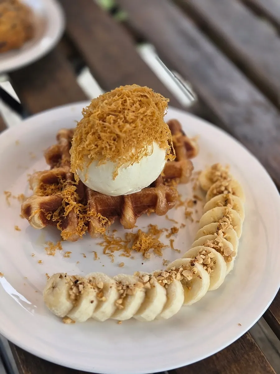 A piece of croffle served with Sinobe Brown