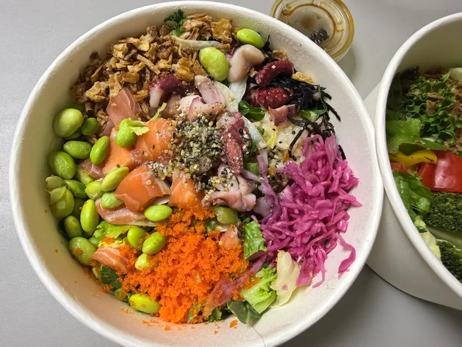 Takeout all-in-one poke and hanger steak bowl