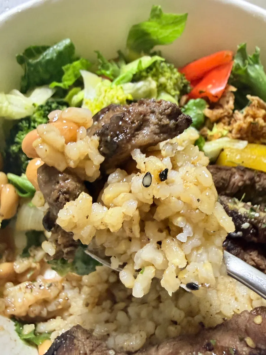 Hanger steak bowl with sauce already drizzled on