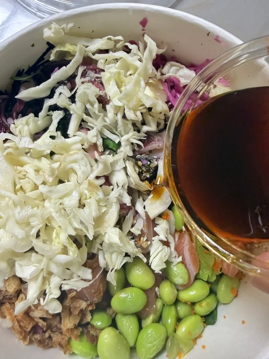 All-in-one poke drizzled with soy sauce dressing