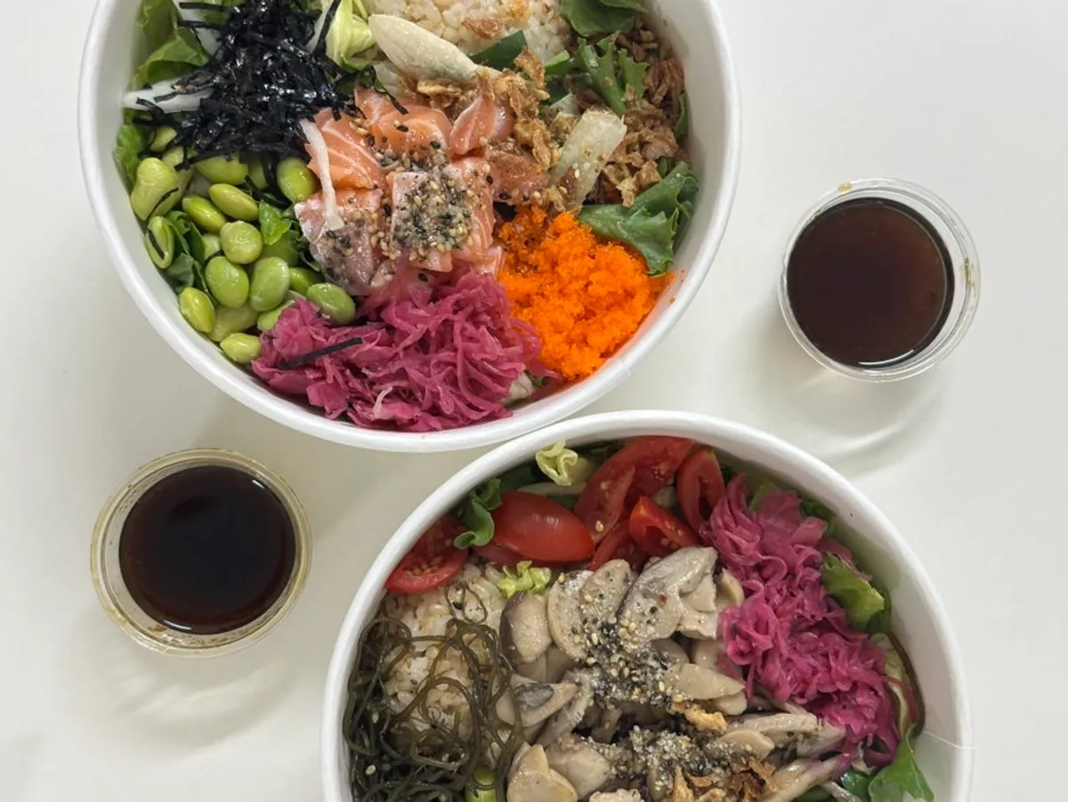 Salmon poke and truffle mushroom poke placed side by side