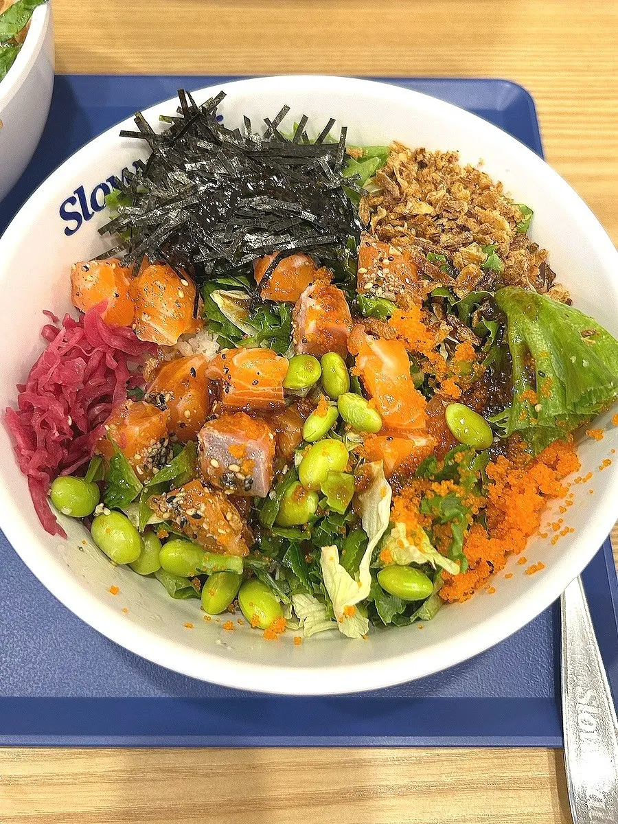 Salmon poke topped with salmon and flying fish roe