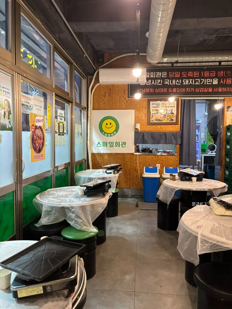 Interior with round tables and reserved seating