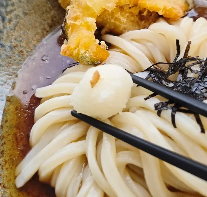 Bukkake udon noodles and tempura