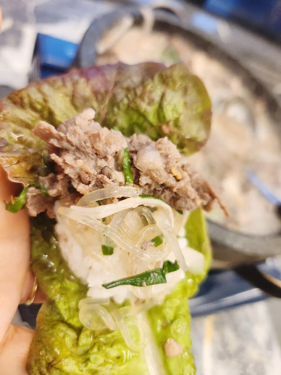 King oyster mushrooms and glass noodles lifted from the bulgogi