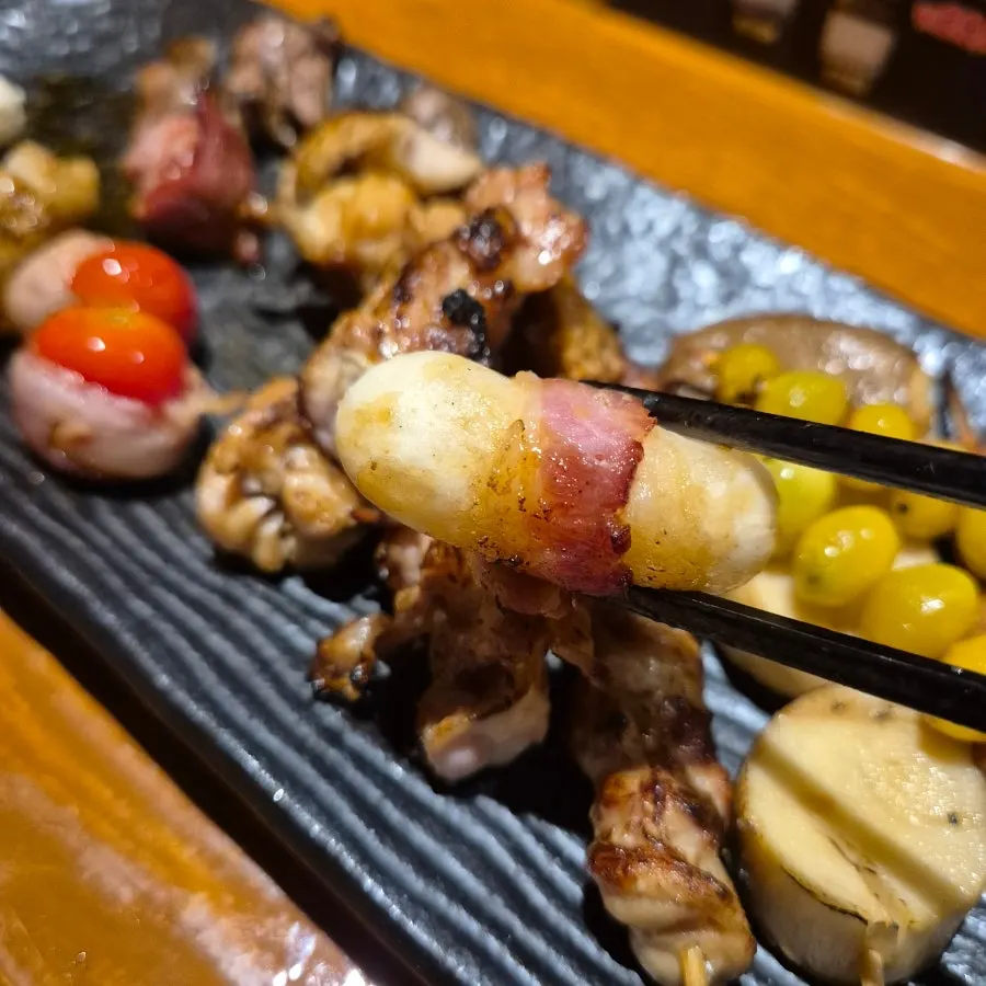 Close-up of the skewers sorted by type