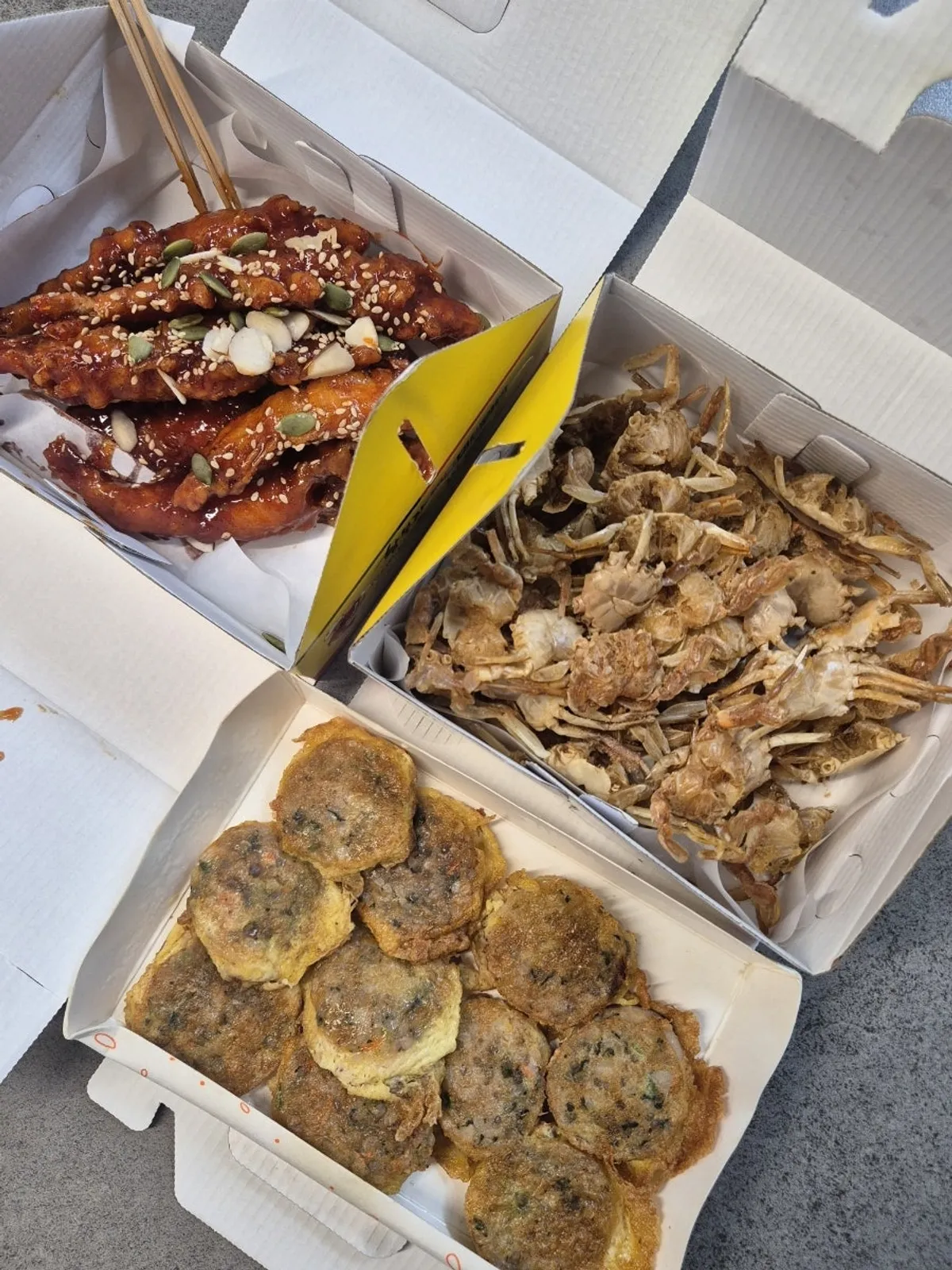 Takeout late-night spread of mini sundae and fried snacks