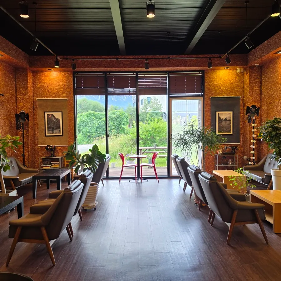 Store interior with wood-toned décor and plants
