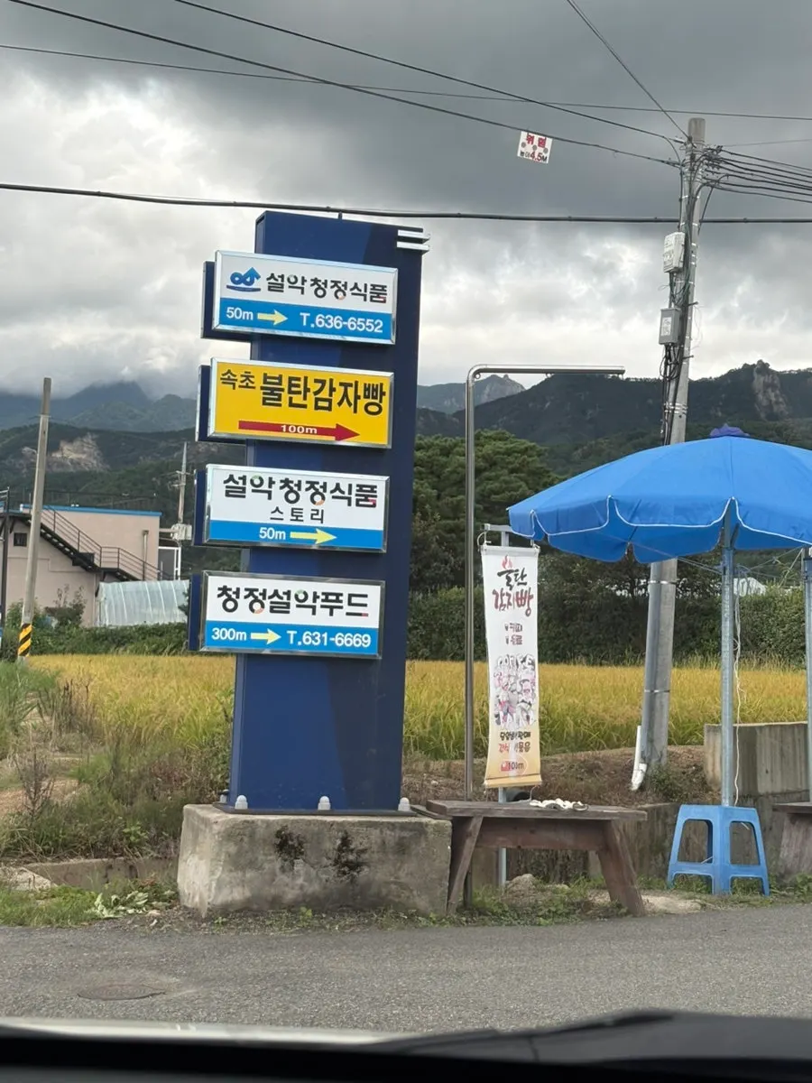 Sign pointing the way to Sokcho Bultan Gamja Bread Main Store