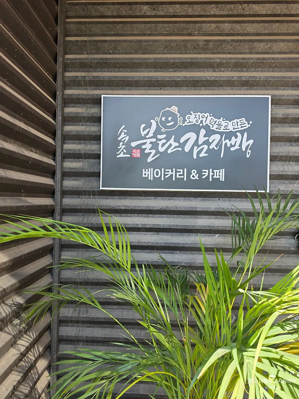 Sign for Sokcho Bultan Gamja Bread Bakery & Café made with squid ink