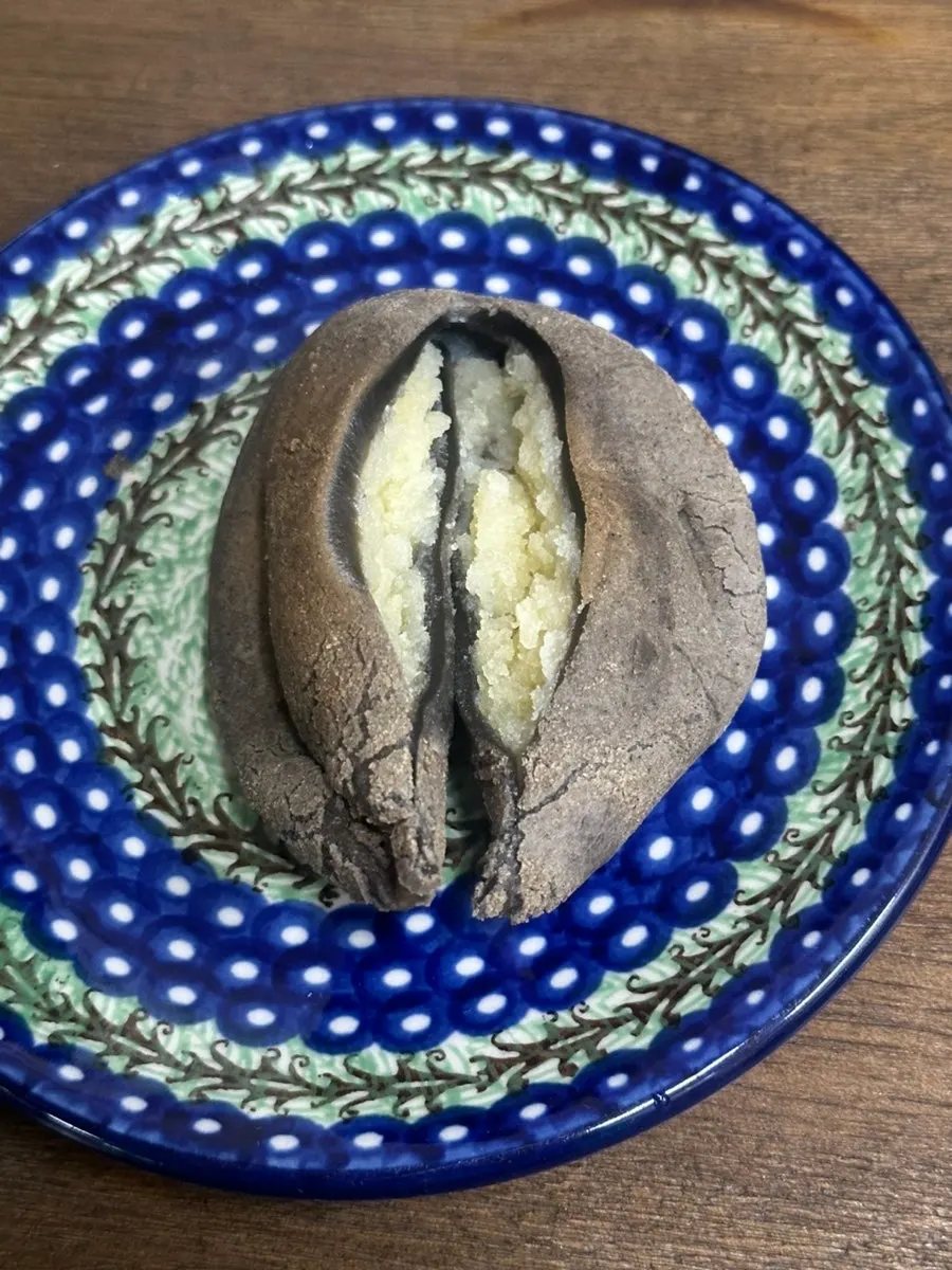 Cross-section of the potato bread showing fluffy potato