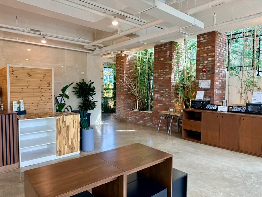 Interior with red brick and wood-tone decor