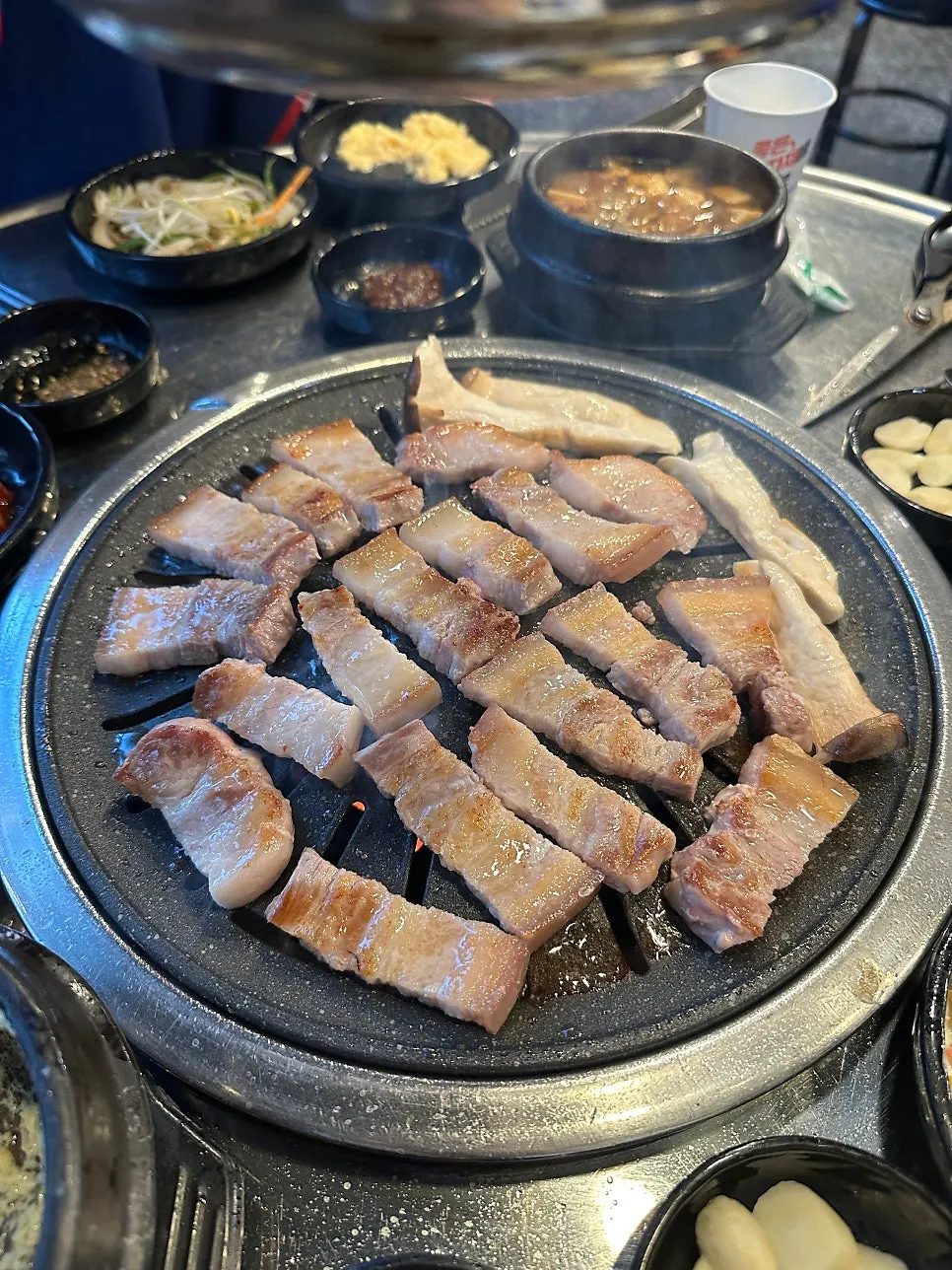Pork belly on the raw meat grill plate