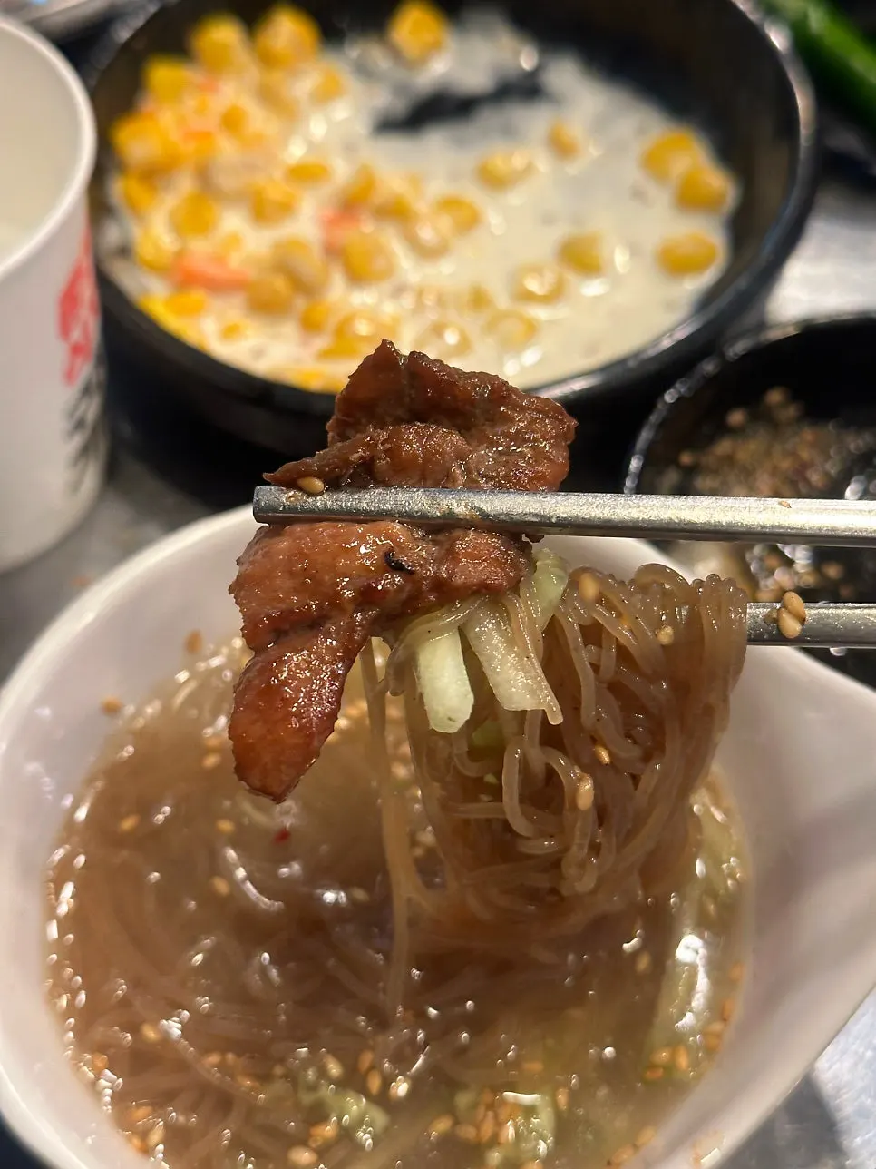 Cold noodles paired with marinated ribs