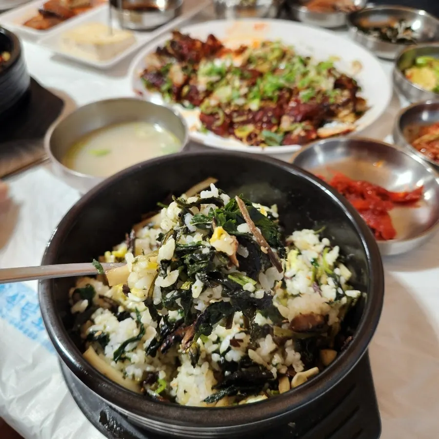 Wild greens bibimbap mixed with extra sanchae