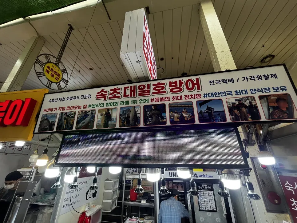 속초중앙시장 대일호방어 매대에 진열된 회 메뉴