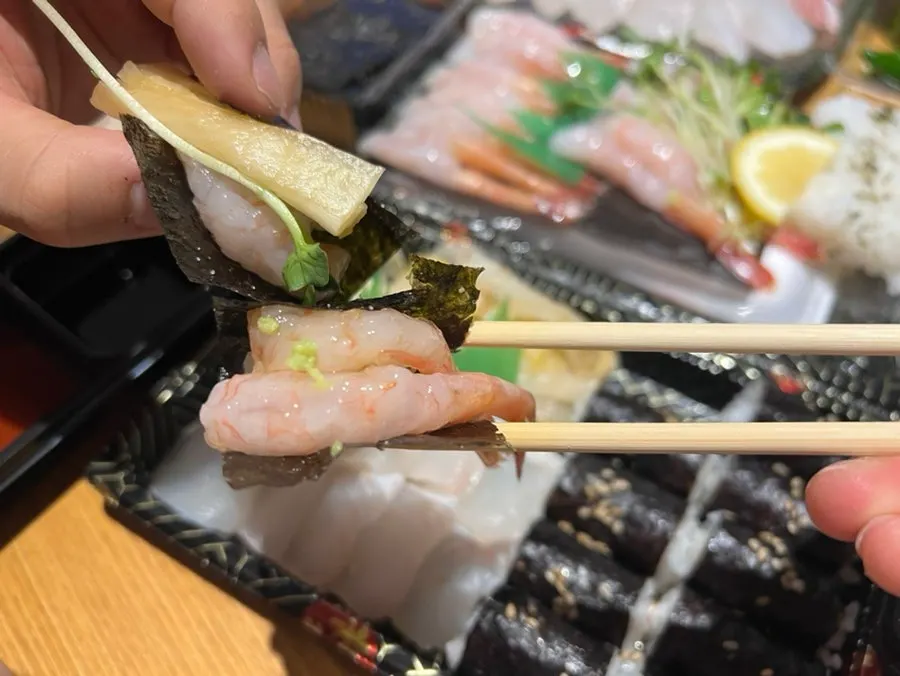 Sokcho sweet shrimp sashimi served with soy sauce