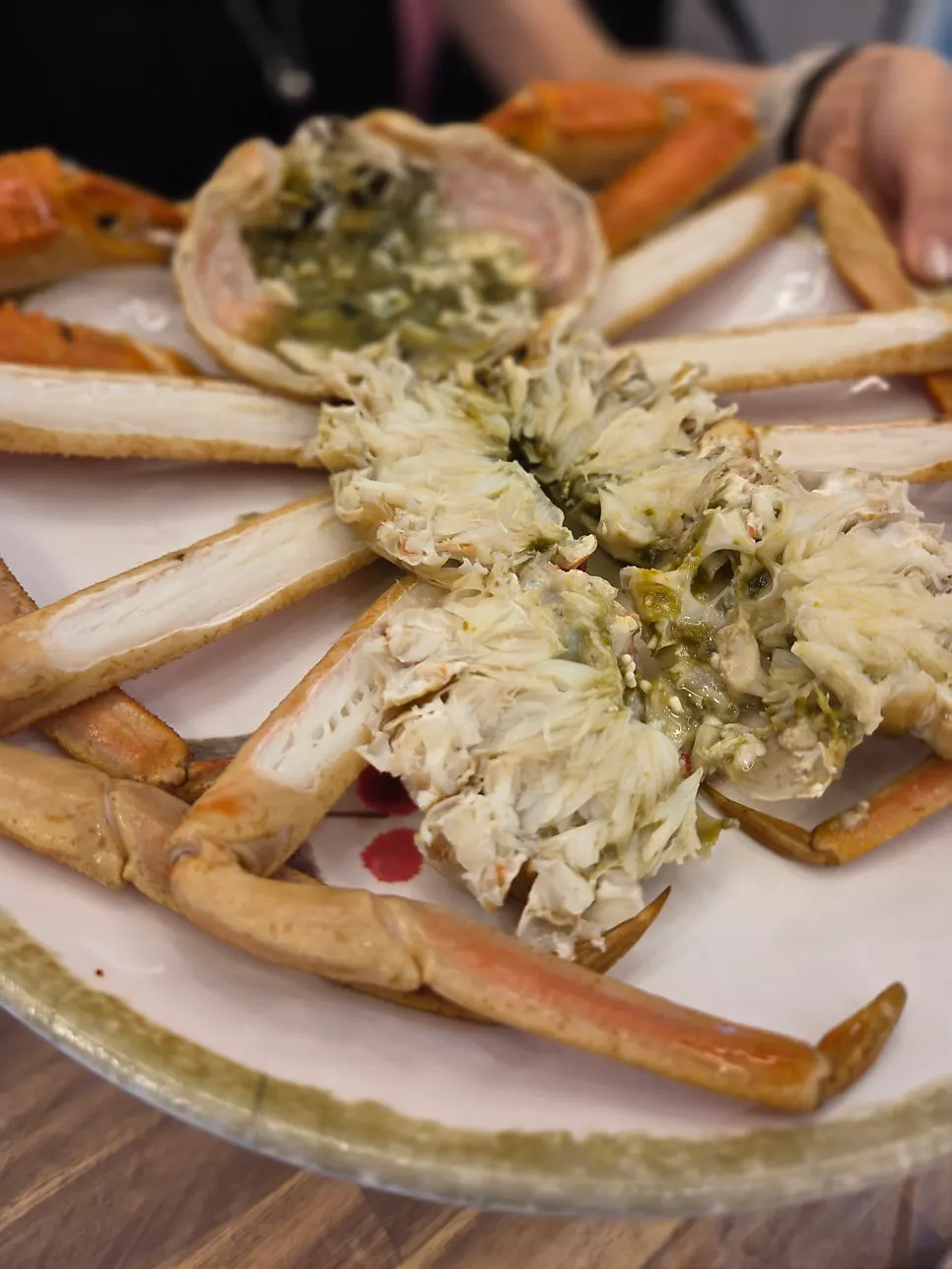 Extra-large steamed snow crab filling the entire plate