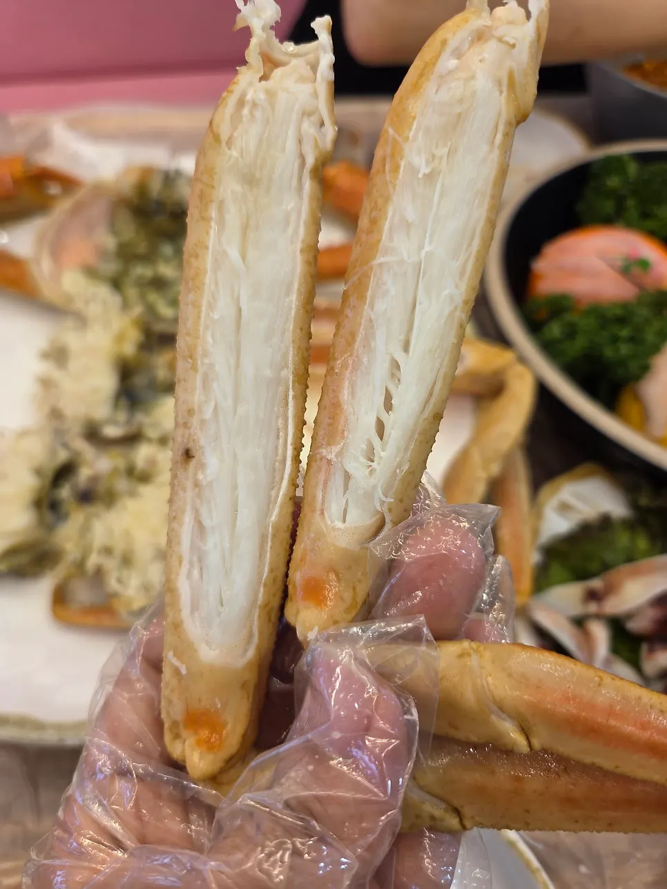 Close-up of S-grade snow crab leg meat