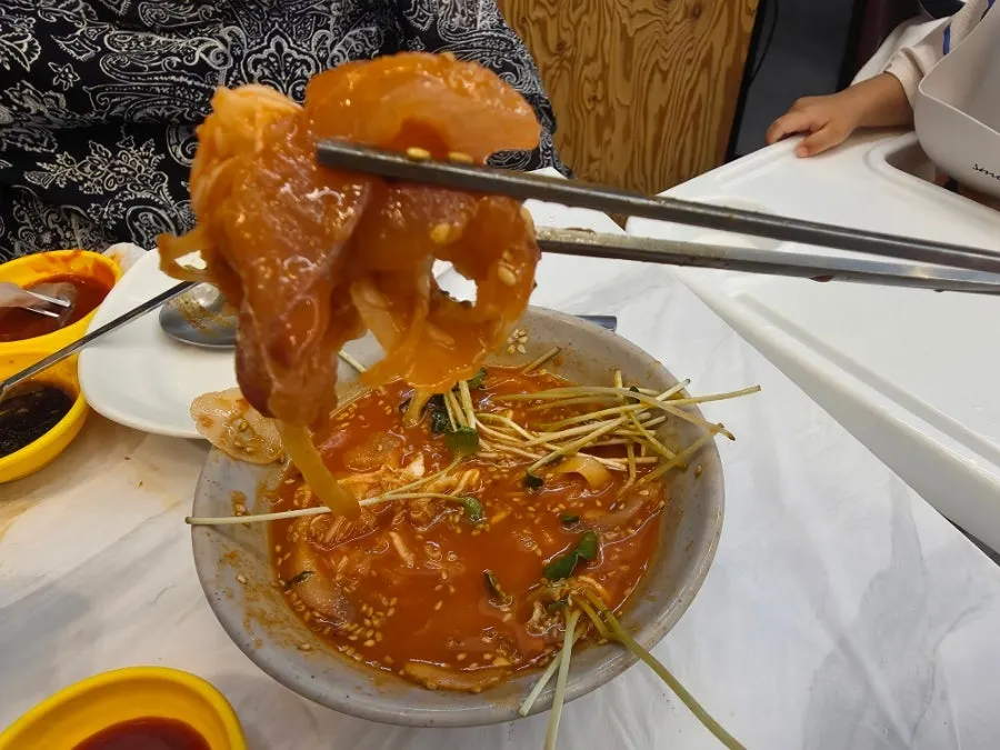 Hanggu Hwareo's mulhoe with thick chunks of raw fish