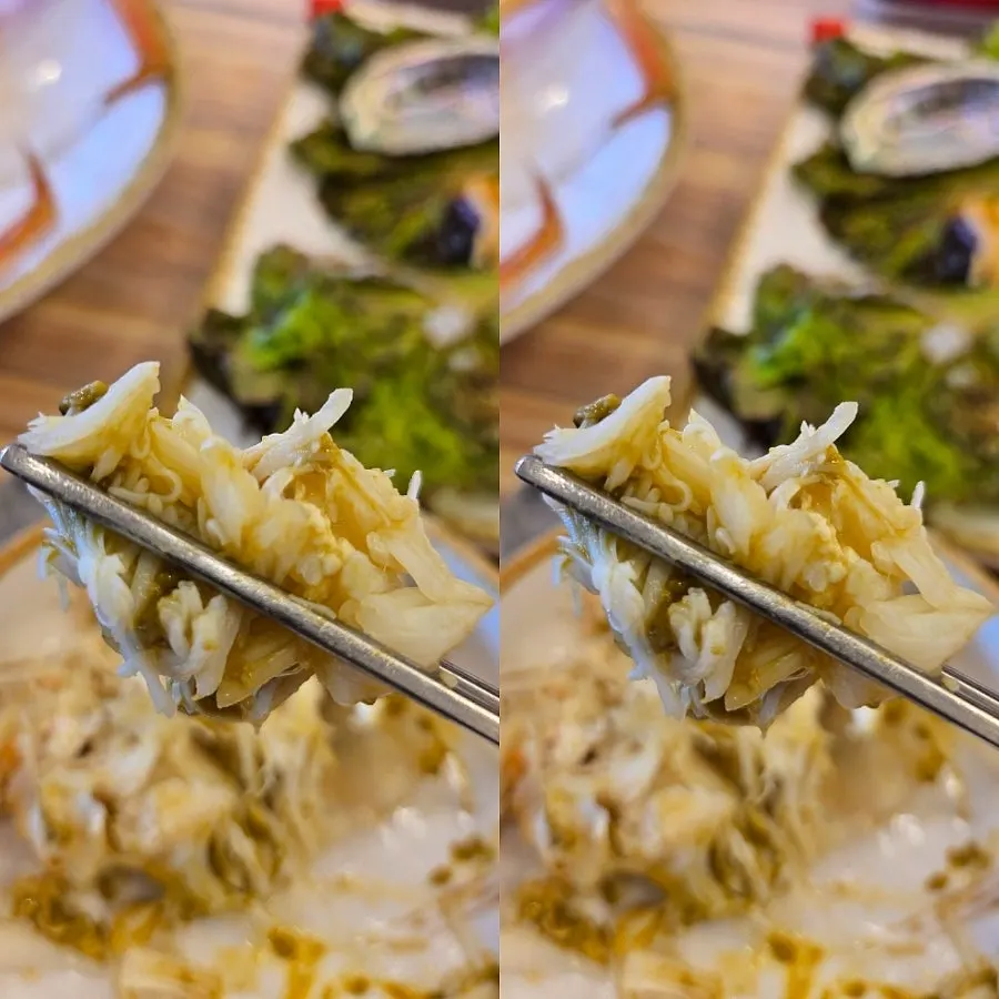 Close-up of a snow crab leg packed with meat
