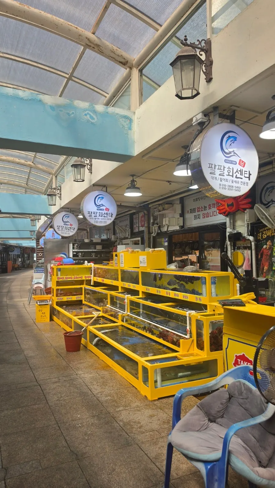 Fish tanks of the Daepo Port fish market connected behind Palpal Hoesenta