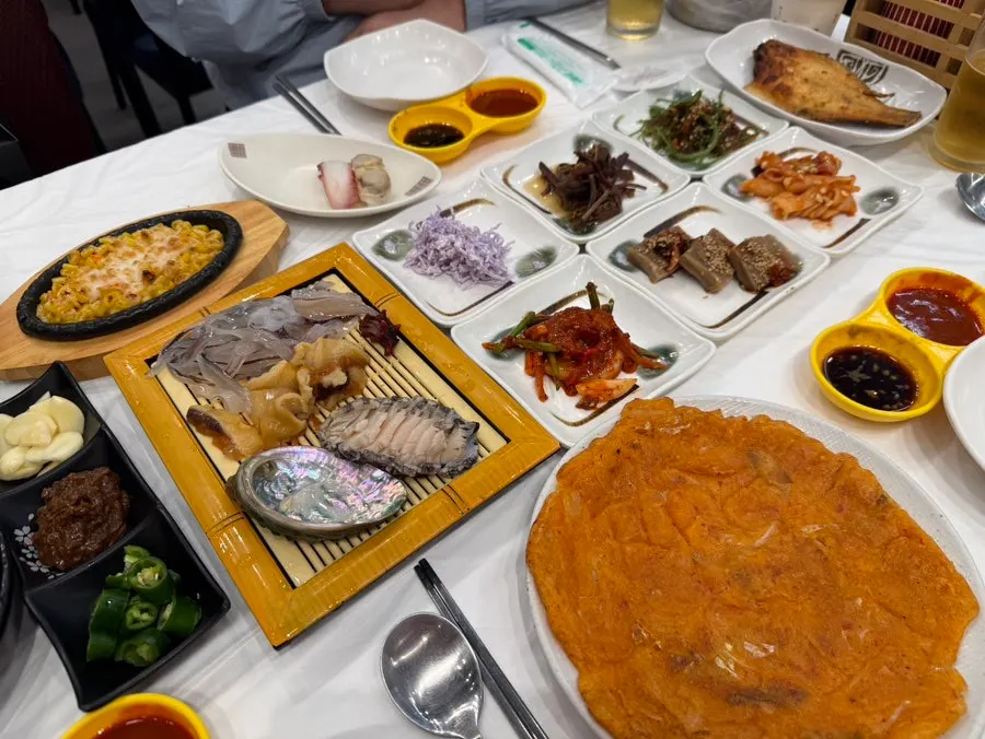 Full banchan spread from the Hanggu Hwareo snow crab course