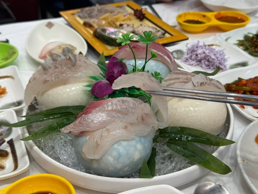 Close-up of thickly sliced aged sashimi
