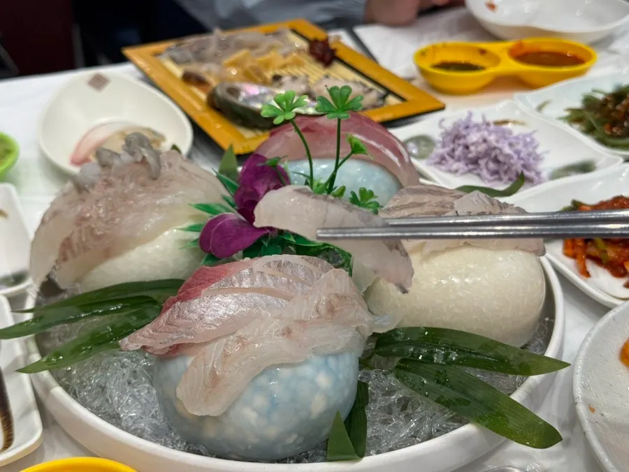 Close-up of the Hanggu Hwareo mixed sashimi platter