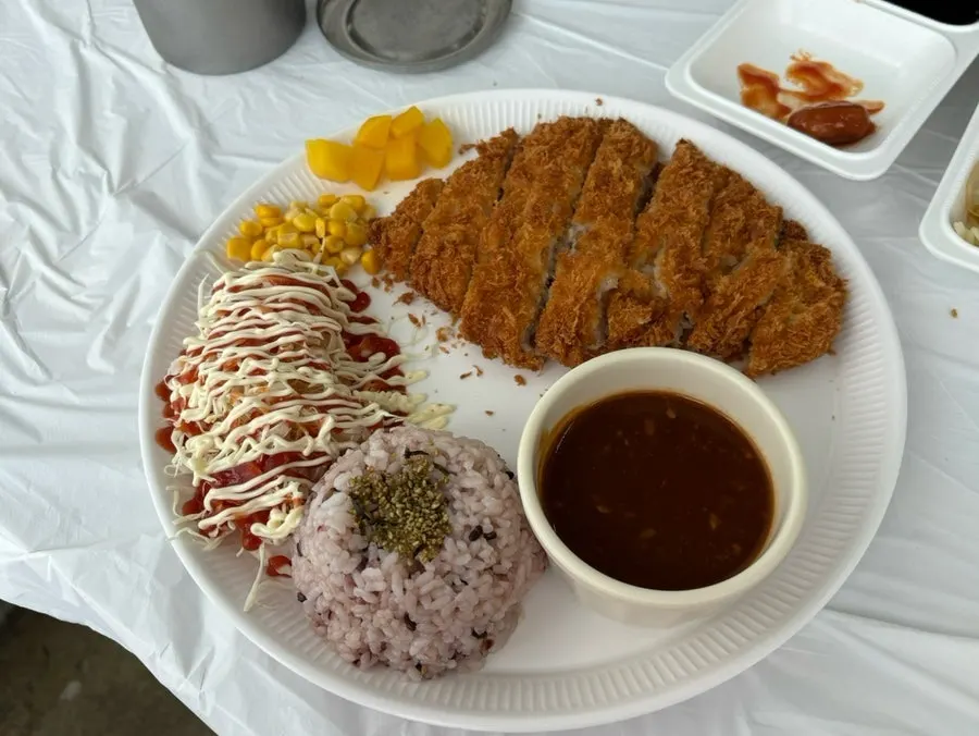 돈까스 소스에 찍은 돈까스