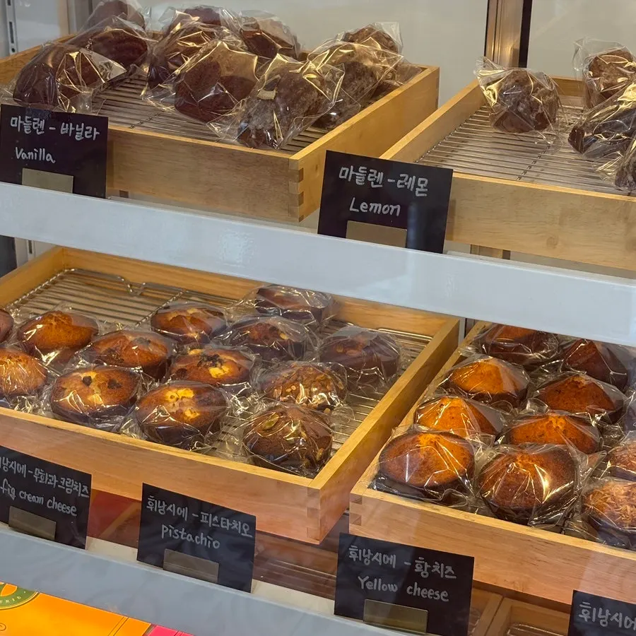 Assorted desserts displayed in the store