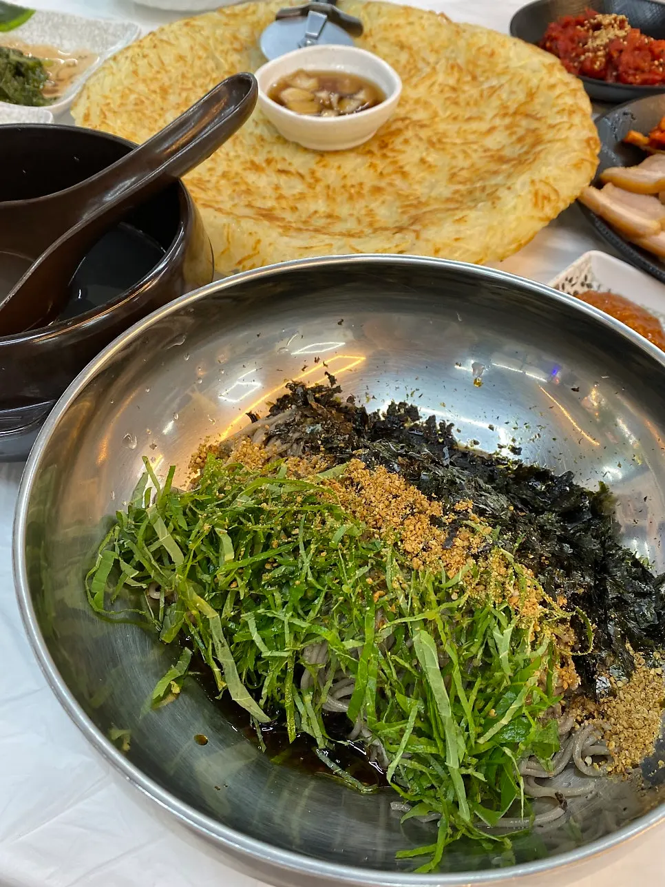 Perilla oil makguksu, suyuk, and potato pancake order
