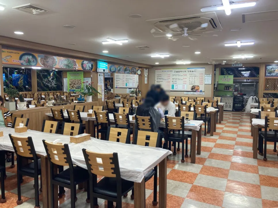 Spacious dining hall with group seating