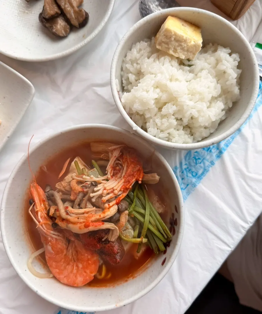 Sundubu and pot rice breakfast spread on a Sokcho trip