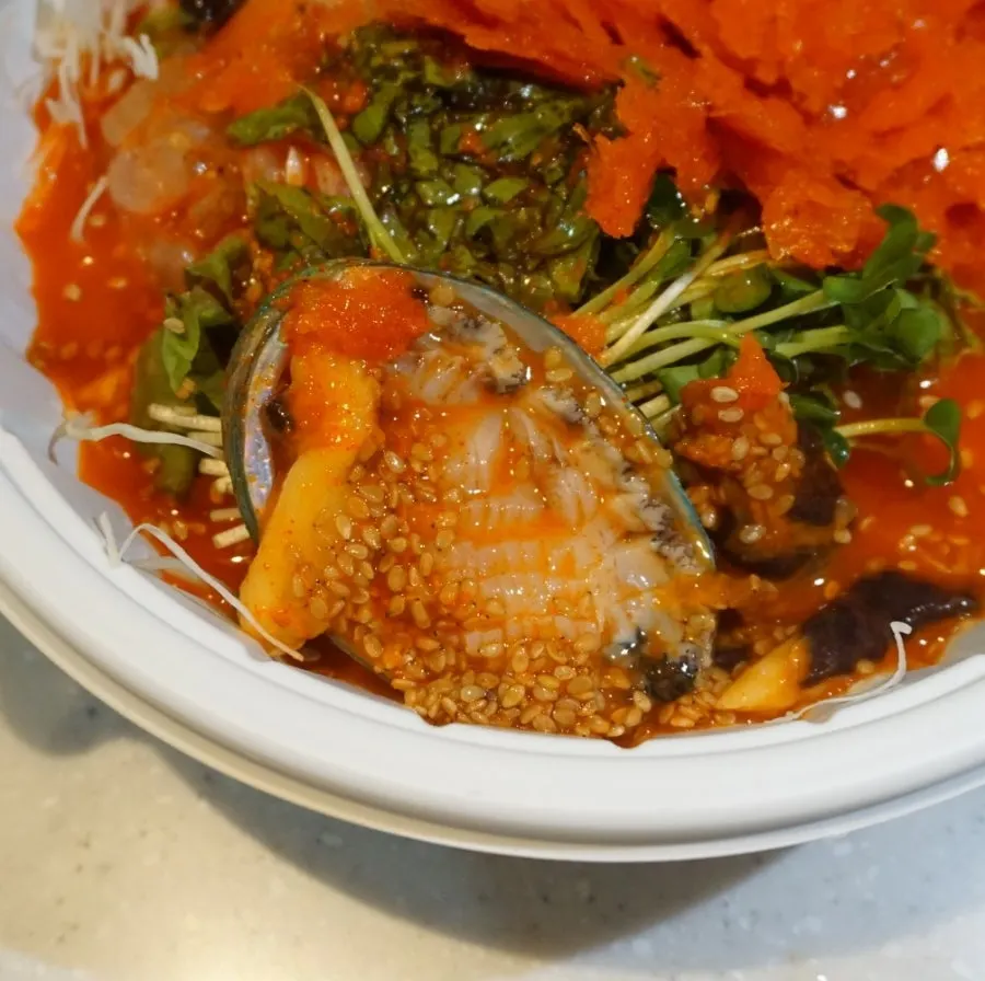 양념을 부은 회가 살얼음 물회