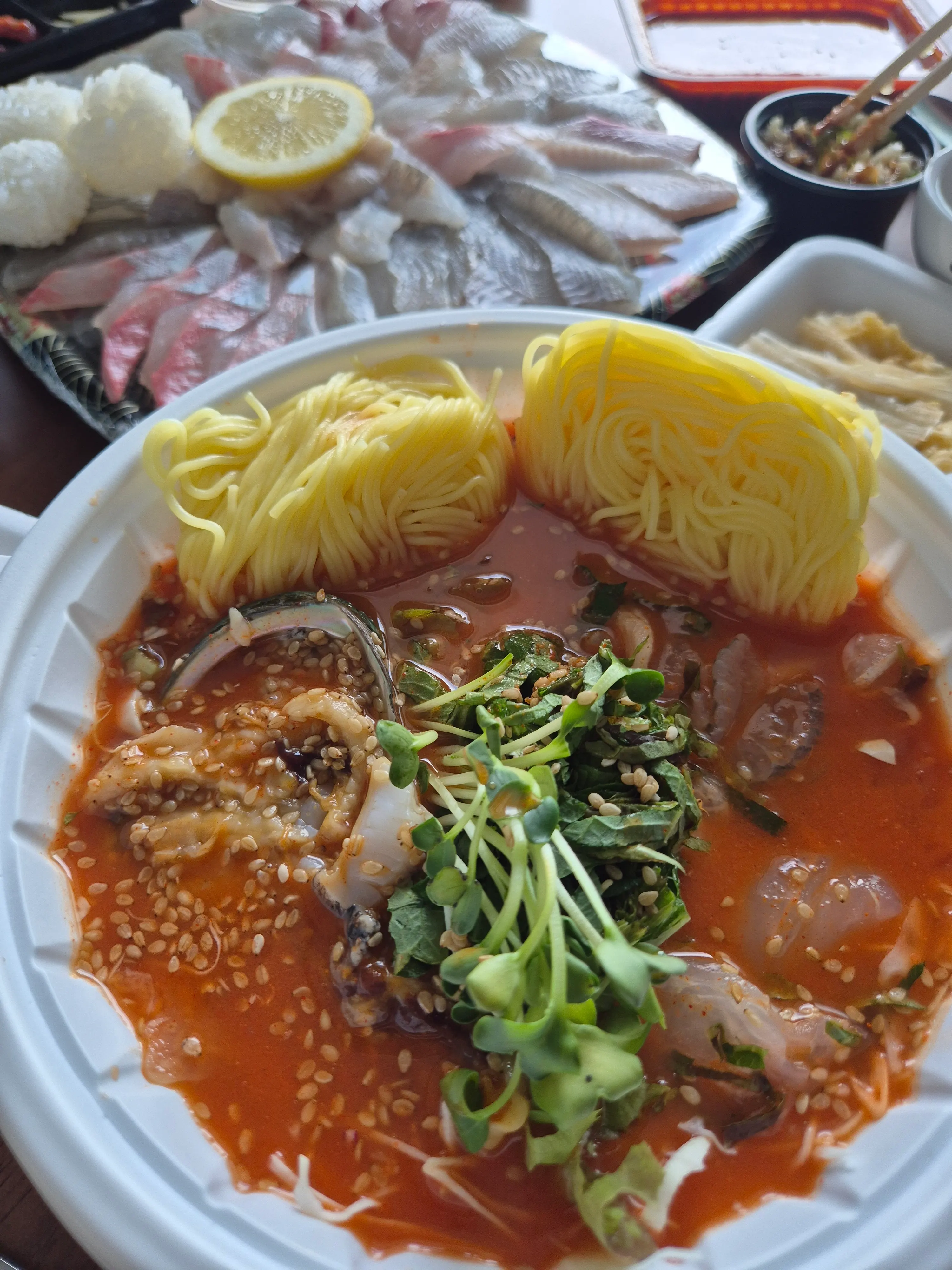 Close-up of Hoega's mixed sashimi with several fish varieties