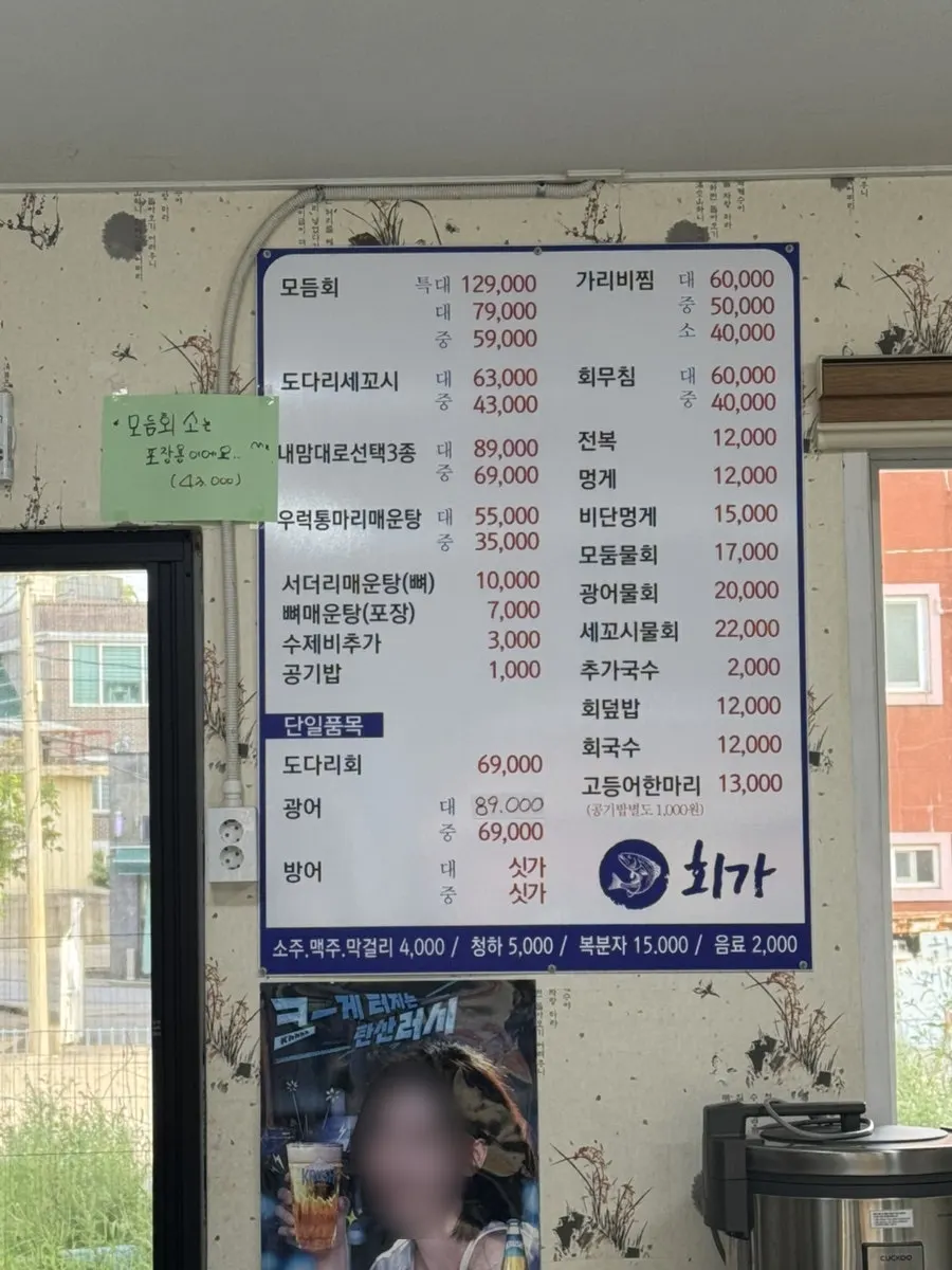 Hoega's menu showing the mixed sashimi (small) price