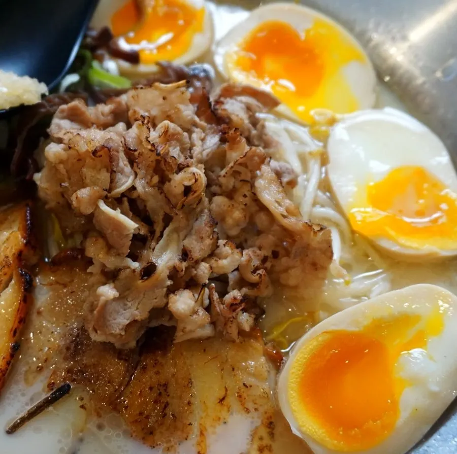 Close-up of Special Tonkotsu Ramen with added soft-boiled egg