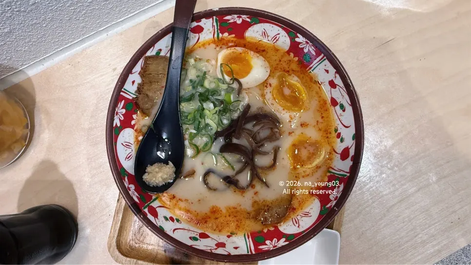 A full spread of karai ramen and gara-age at Ichiba Ramen